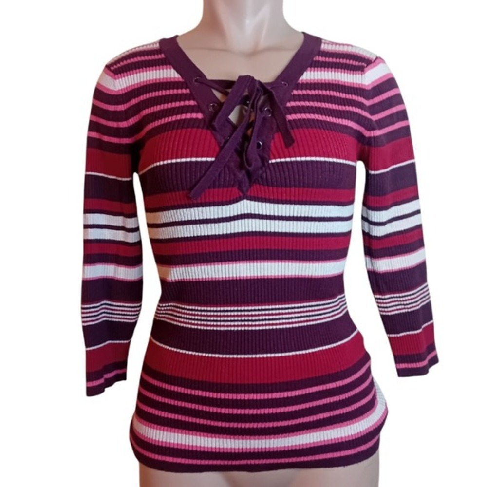 Women's Y2K New York & Company Striped Ribbed Lace-Up 3/4 Sleeveβ Top XL READ